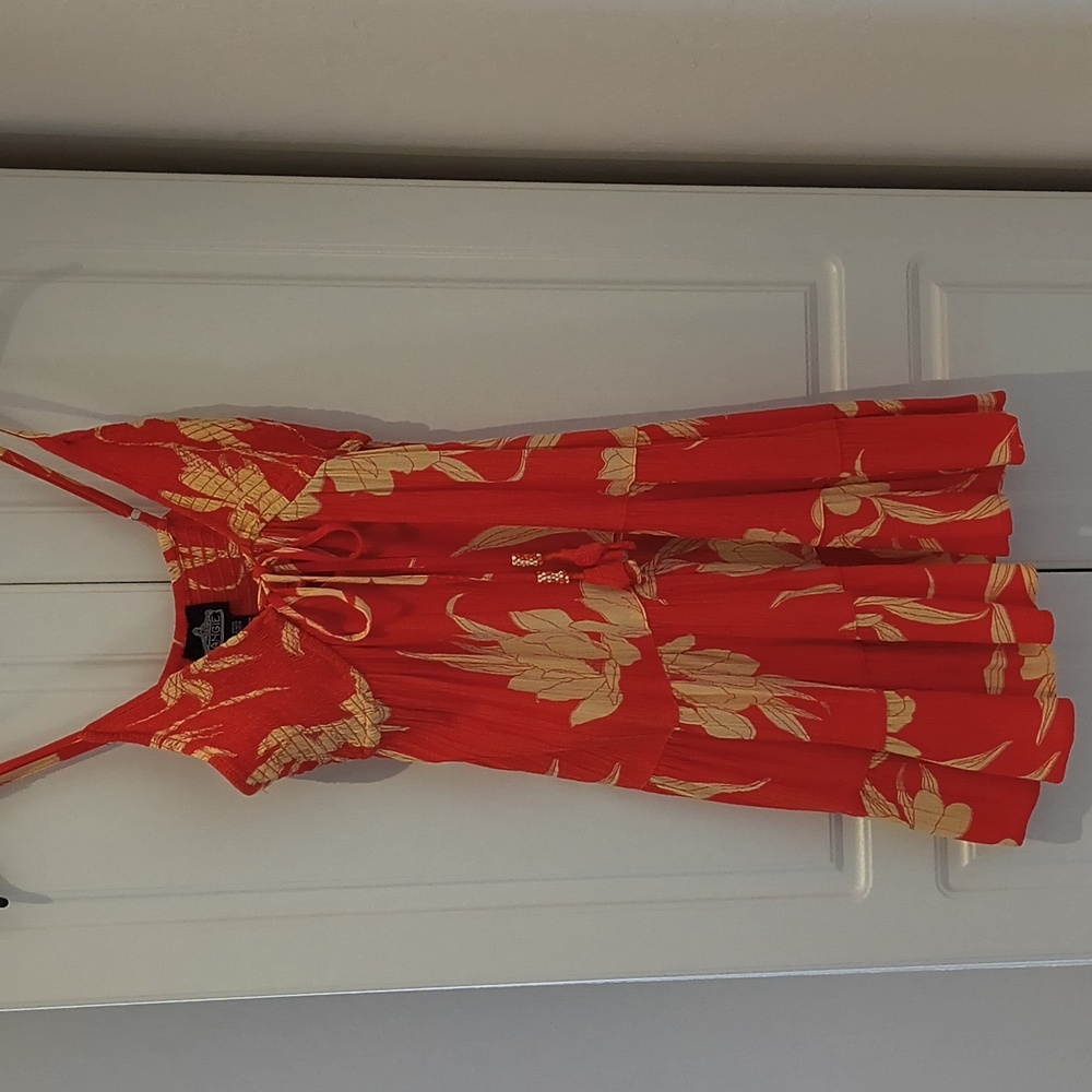 Orange Mini Beach-Style Tiered Dress with Yellow Floral Pattern